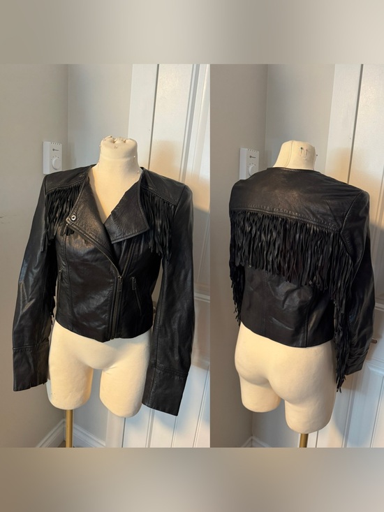 Banana Republic Jackets & Blazers - Fringed Black Leather Moto Jacket xs